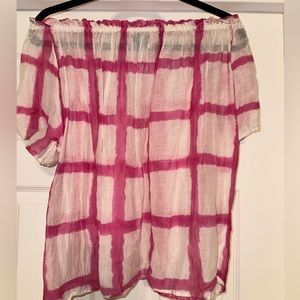 Off the shoulder, pink and white top